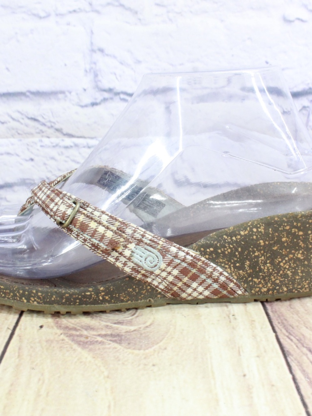 TEVA Ventura Brown Plaid Thong Slide Cork Wedge Sandals Size 9